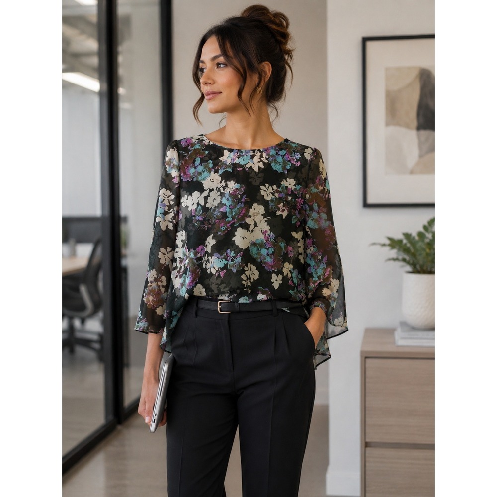Everly Womens Small Floral Peplum Blouse 3/4 Sleeve Dark Green Chiffon Top